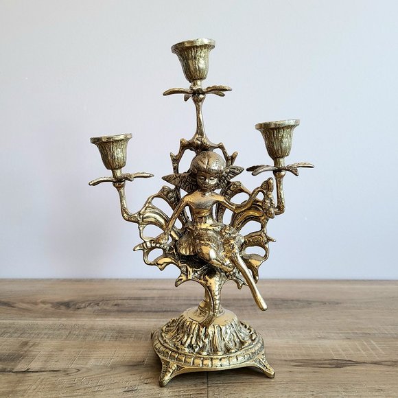 Vintage Solid Brass Candleholder with Cherub Figure. - Picture 1 of 7
